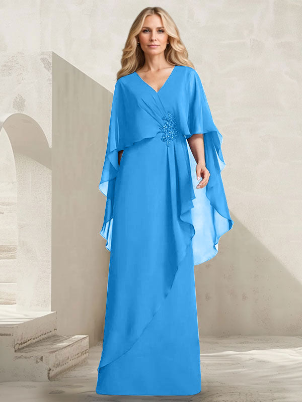 A-line V-Neck Floor-Length Chiffon Mother of the Bride Dress With Cascading Ruffles Beading