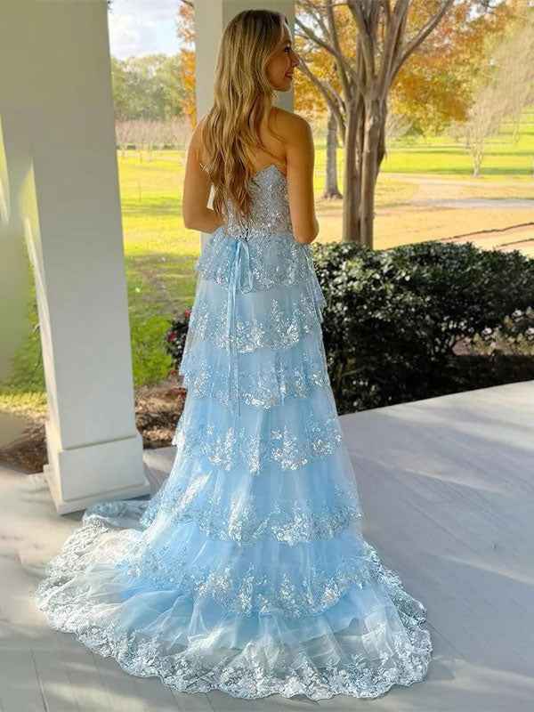 Blue A-Line Strapless V-Neck Applique Tiered Prom Dress With Slit