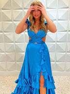 Red V Neck A Line Ruffle Prom Dress With Slit