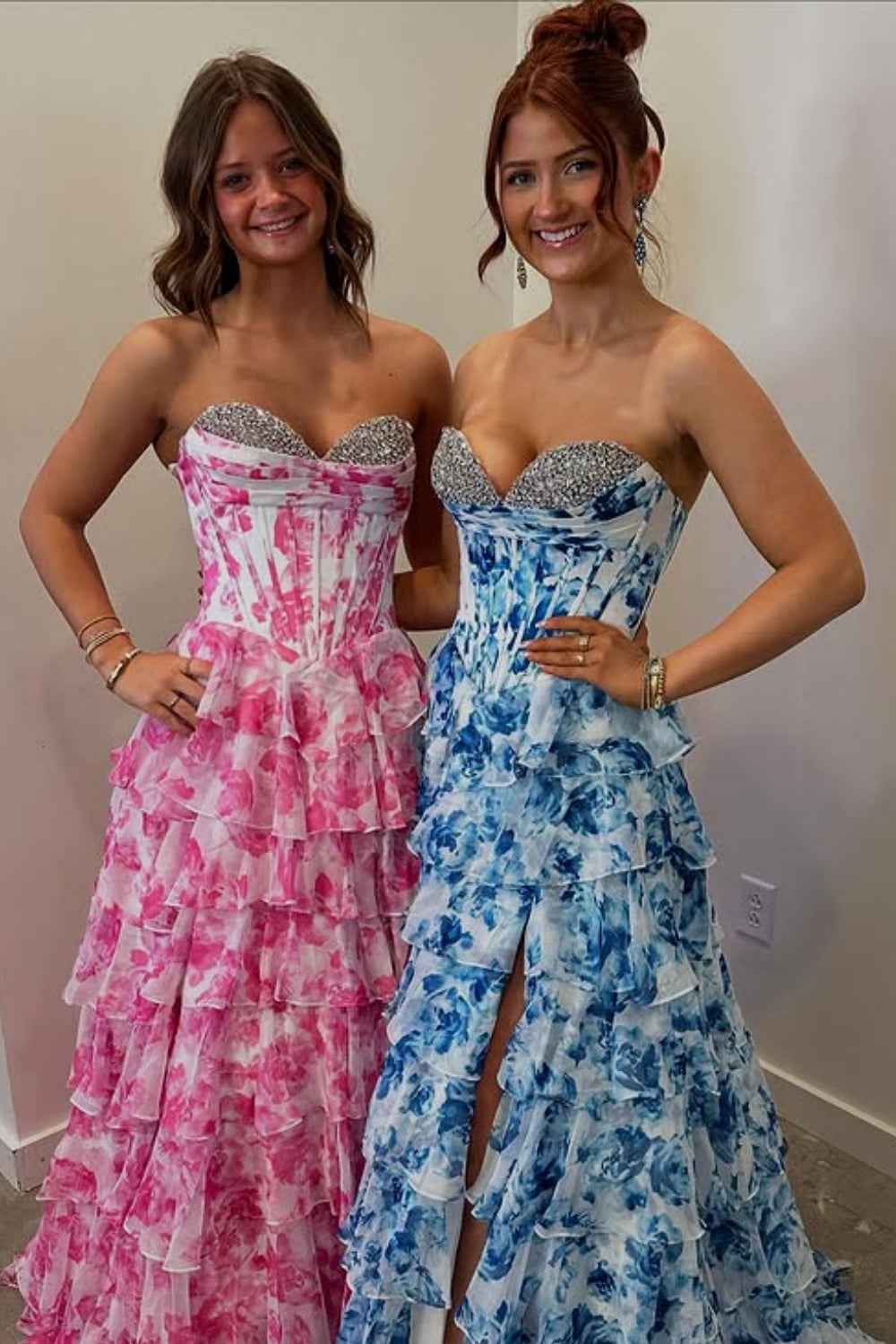 Sparkly Fuchsia Floral Sweetheart Tiered Corset Long Prom Dress