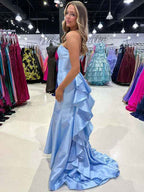 Light Blue Mermaid Satin Strapless Long Evening Dress With Ruffle Train