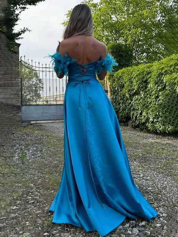 Turquoise A-Line Off Shoulder Sweetheart Satin Prom Dress With Feather Sleeves