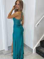 Blue Satin Spaghetti Strap Mermaid Prom Dress With Slit Bodice