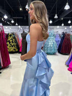 Light Blue Mermaid Satin Strapless Long Evening Dress With Ruffle Train