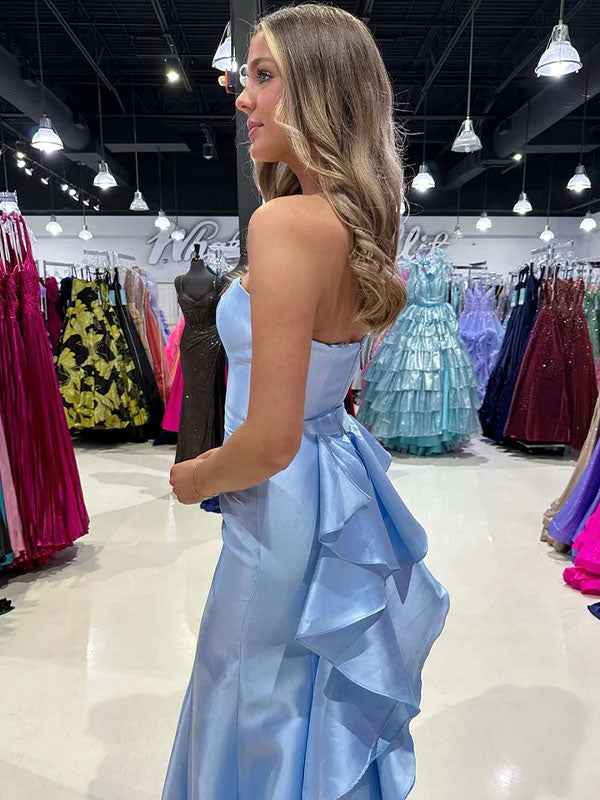 Light Blue Mermaid Satin Strapless Long Evening Dress With Ruffle Train