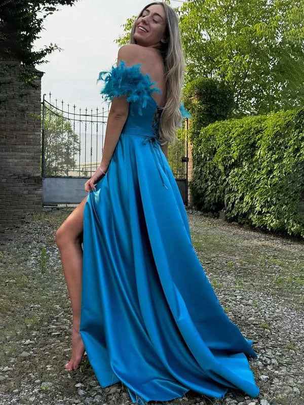 Turquoise A-Line Off Shoulder Sweetheart Satin Prom Dress With Feather Sleeves