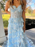 Blue A-Line Strapless V-Neck Applique Tiered Prom Dress With Slit