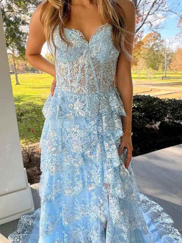 Blue A-Line Strapless V-Neck Applique Tiered Prom Dress With Slit