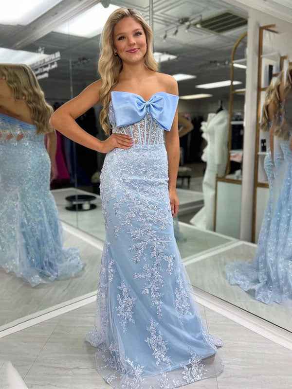 Blue Mermaid Strapless Lace Applique Long Prom Dress With Bow