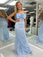 Blue Mermaid Strapless Lace Applique Long Prom Dress With Bow