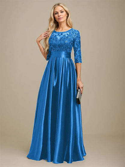 A-line Scoop Illusion Floor-Length Stretch Satin Lace Mother of the Bride Dress With Bow Sequins