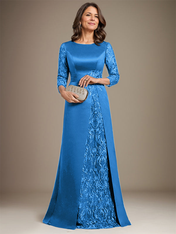 A-Line Scoop Floor-Length Lace Satin Mother Of the Bride Dress With Applique