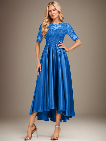 A-Linie, U-Ausschnitt, Illusion, asymmetrisch, Stretch-Satin, Spitze, Kleid für die Brautmutter mit Pailletten 