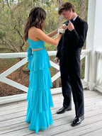 Turquoise A Line V Neck Tiered Long Prom Dress With Cutout