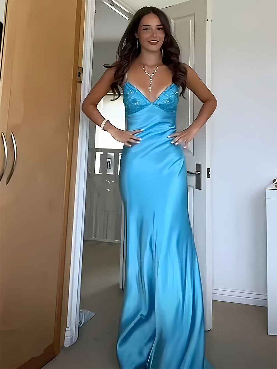 Blue A Line V Neck Beaded Back Tie Long Prom Dress