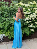 Blue A Line V Neck Beaded Back Tie Long Prom Dress