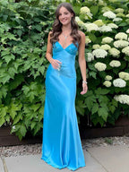 Blue A Line V Neck Beaded Back Tie Long Prom Dress
