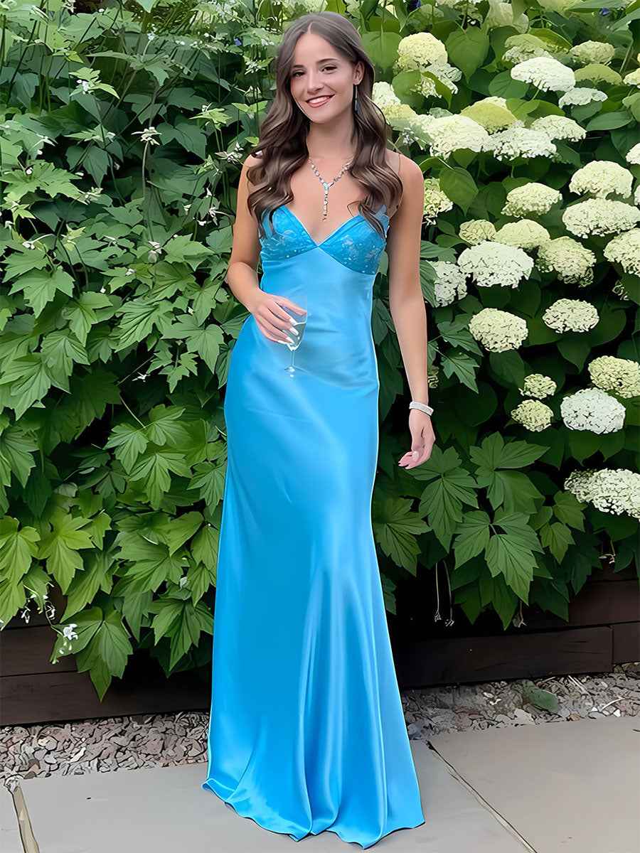 Blue A Line V Neck Beaded Back Tie Long Prom Dress
