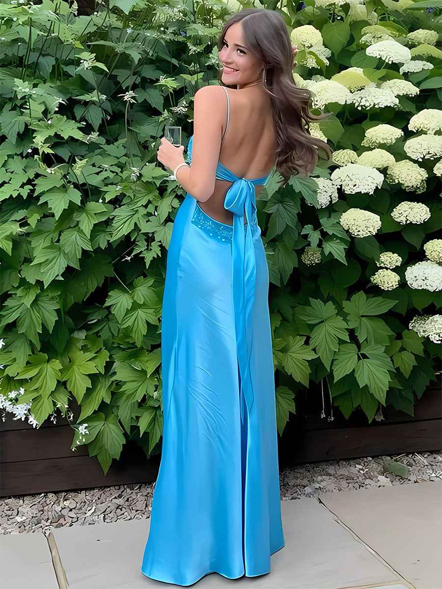 Blue A Line V Neck Beaded Back Tie Long Prom Dress