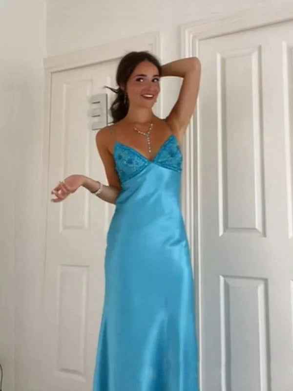 Blue A Line V Neck Beaded Back Tie Long Prom Dress