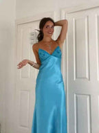 Blue A Line V Neck Beaded Back Tie Long Prom Dress