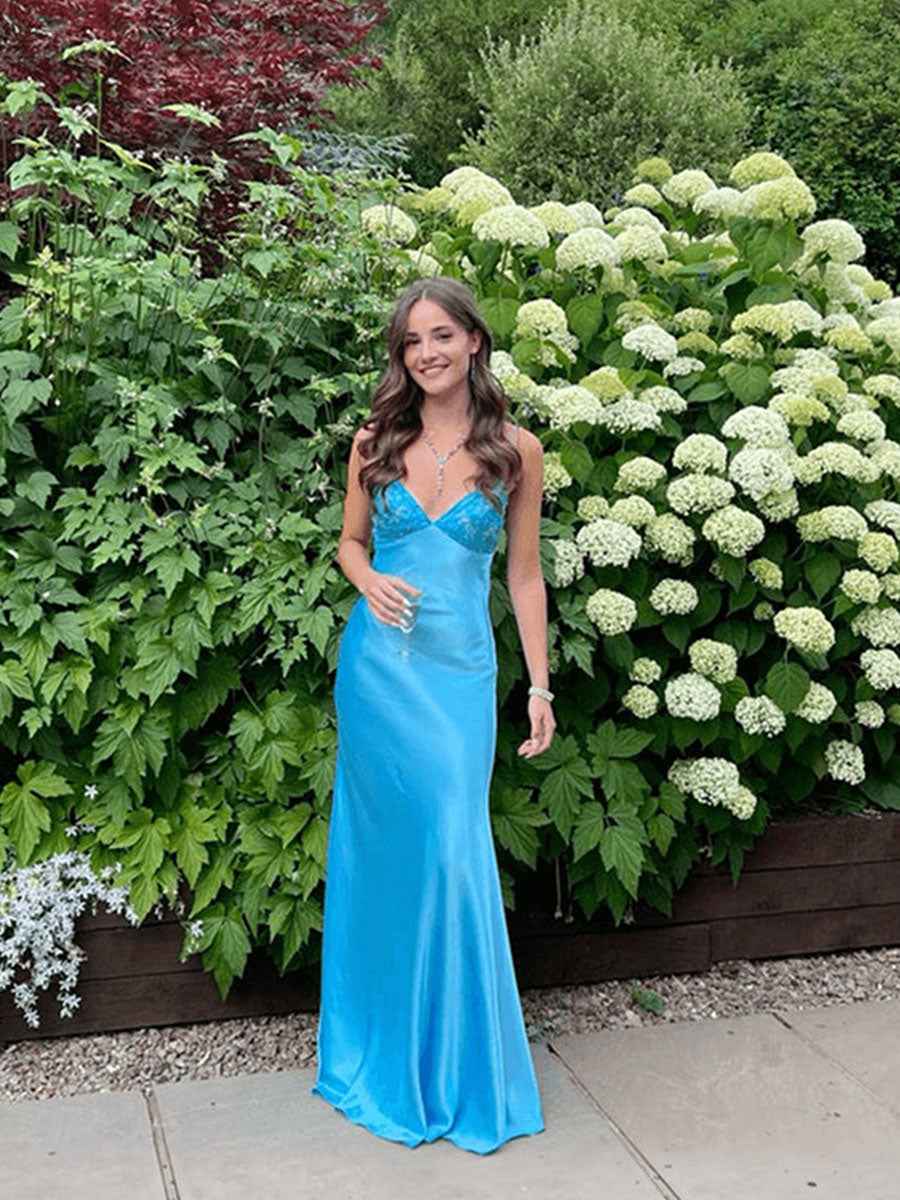 Blue A Line V Neck Beaded Back Tie Long Prom Dress