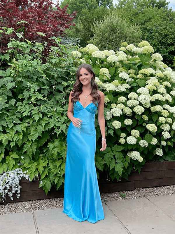 Blue A Line V Neck Beaded Back Tie Long Prom Dress