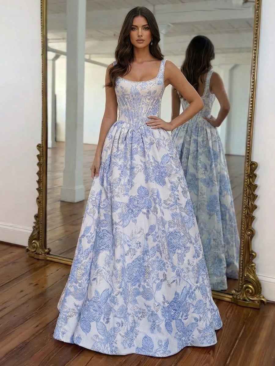 Pink Floral Brocade Pearl Long Corset Ball Gown Prom Dress