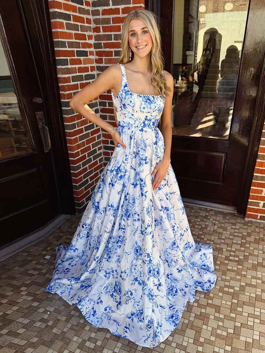 Blue Floral Print Satin Square Neck Long Prom Dress