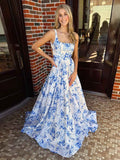 Blue Floral Print Satin Square Neck Long Prom Dress
