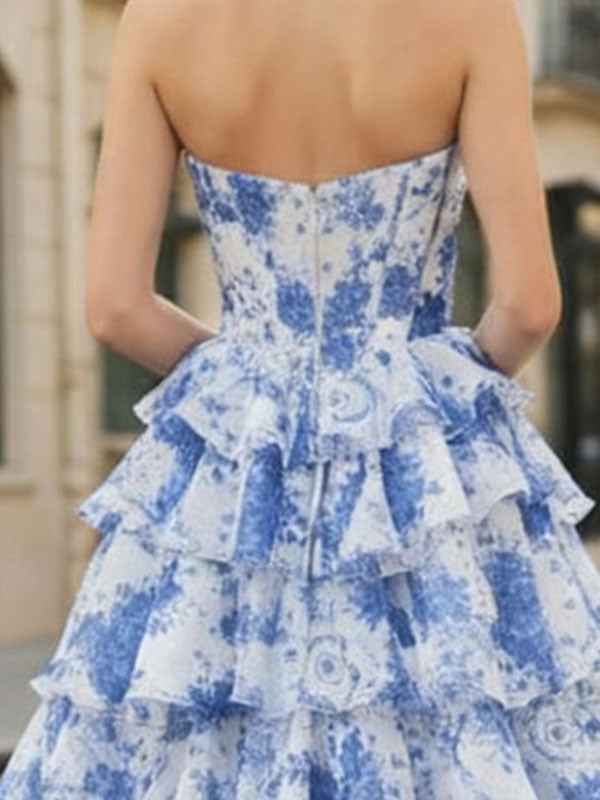 Blue Floral Strapless Ruffle Corset Prom Dress With Slit