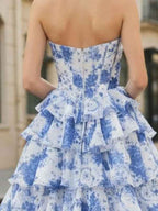 Blue Floral Strapless Ruffle Corset Prom Dress With Slit