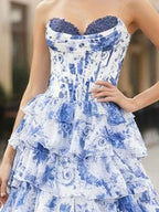 Blue Floral Strapless Ruffle Corset Prom Dress With Slit