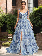 Blue Floral A Line V Neck Pleated Prom Dress With Slit And Tulle Layers