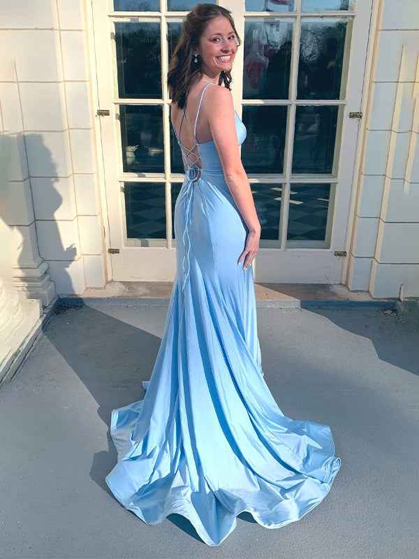 Blue Mermaid Satin Long Prom Dress With Double Straps And V Neck