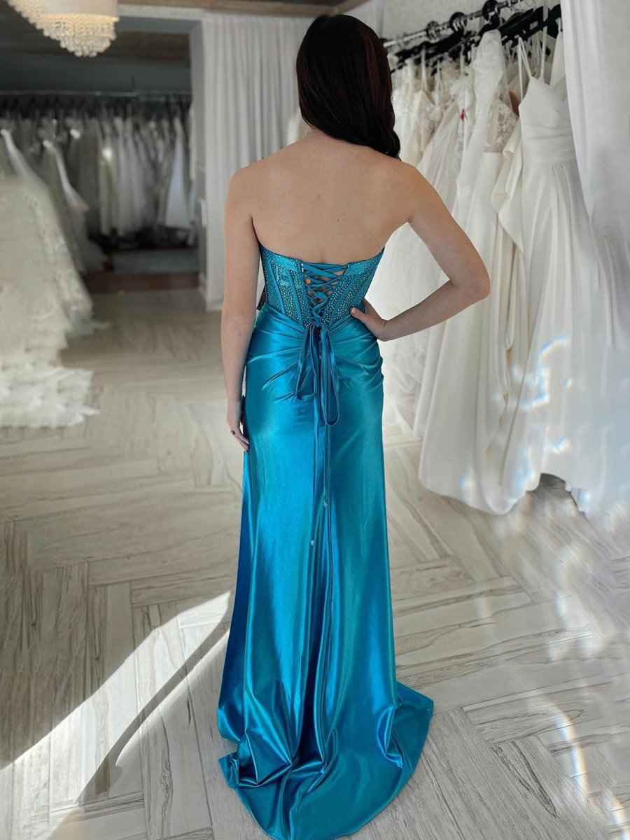 Beaded Sweetheart Mermaid Long Prom Dress Turquoise With Slit