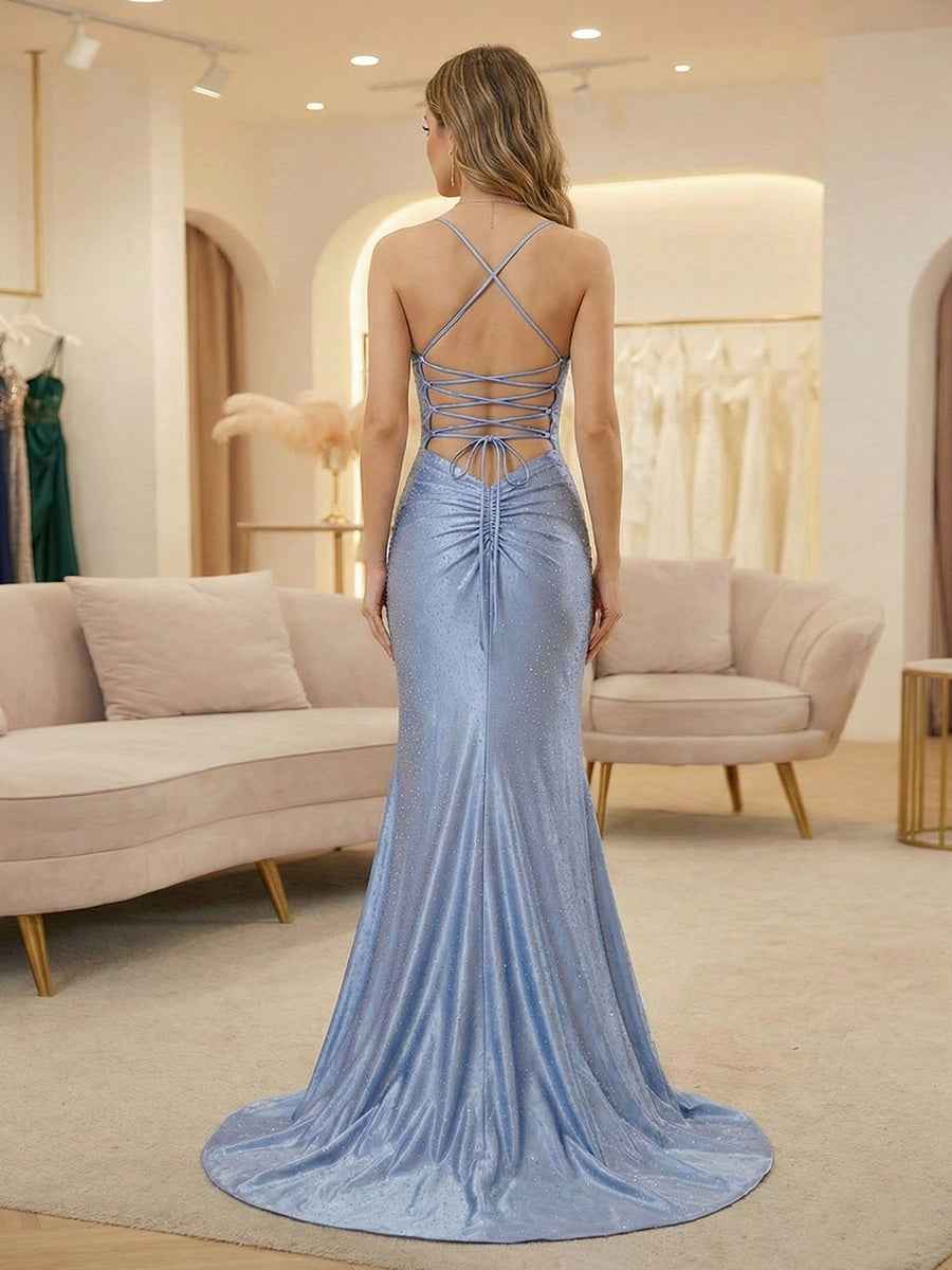 Light Blue Mermaid Prom Dress Rhinestone V Neck