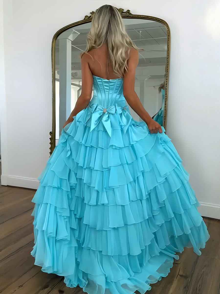 Princess Sky Blue Strapless Prom Dress With Tiered A Line Silhouette And Slit