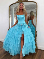 Princess Sky Blue Strapless Prom Dress With Tiered A Line Silhouette And Slit
