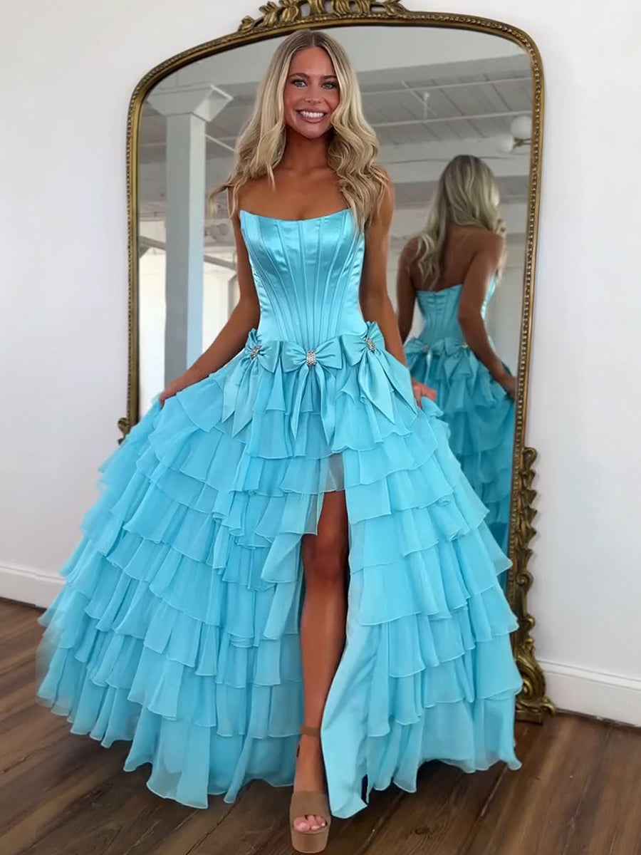 Princess Sky Blue Strapless Prom Dress With Tiered A Line Silhouette And Slit