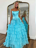 Princess Sky Blue Strapless Prom Dress With Tiered A Line Silhouette And Slit