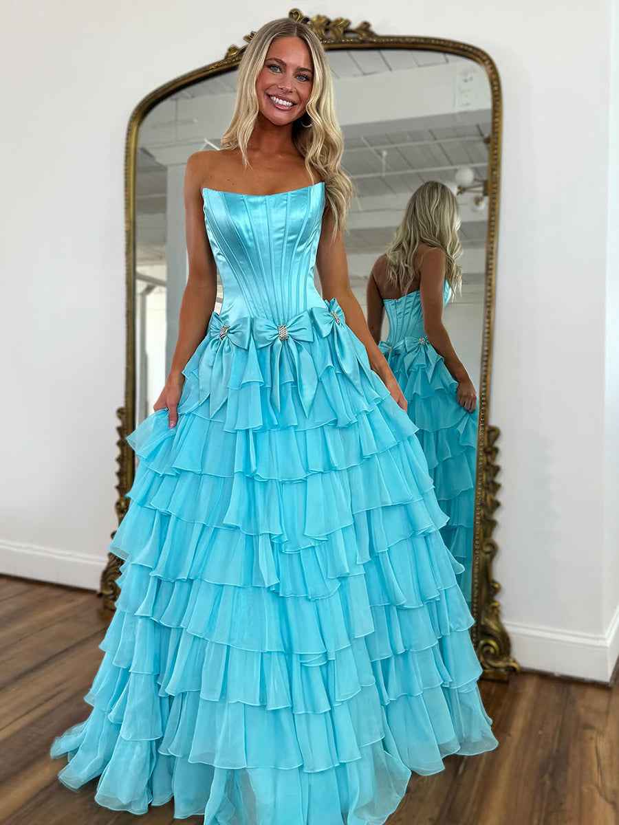 Princess Sky Blue Strapless Prom Dress With Tiered A Line Silhouette And Slit