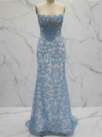 Light Blue Strapless Pearl Beaded Corset Prom Dress With Ruched Bodice