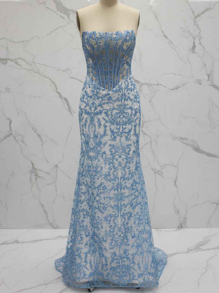 Light Blue Strapless Pearl Beaded Corset Prom Dress With Ruched Bodice