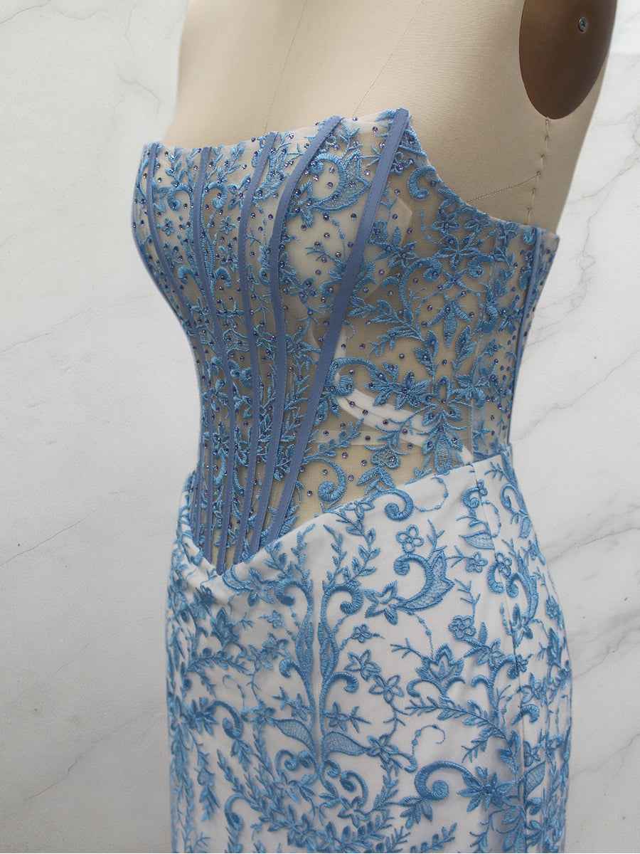 Blue Strapless Pearl Beaded Ruched Long Corset Prom Dress