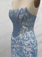 Blue Strapless Pearl Beaded Ruched Long Corset Prom Dress