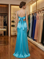 Blue V Neck Beaded Satin A Line Long Prom Dress With 3D Floral Lace
