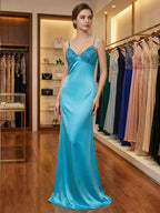 Blue V Neck Beaded Satin A Line Long Prom Dress With 3D Floral Lace