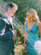 Ice Blue Satin V Neck Cutout Long Prom Dress With Side Slit