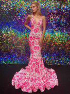 Pink And White Sequin Lace Mermaid Long Prom Dress